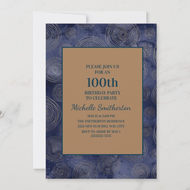 Invitation Elégant Marine Blue Gold 100e anniversaire (Devant)