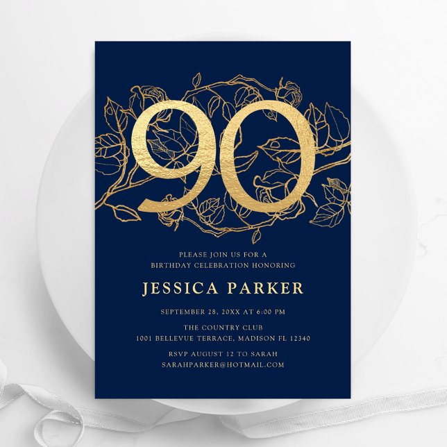 Invitation Elégant Marine Blue Gold 90e anniversaire (Créateur téléchargé)