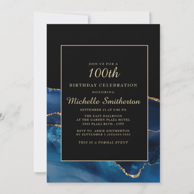 Invitation Elégant Marine Blue Gold Agate Marbre 100e anniver (Devant)