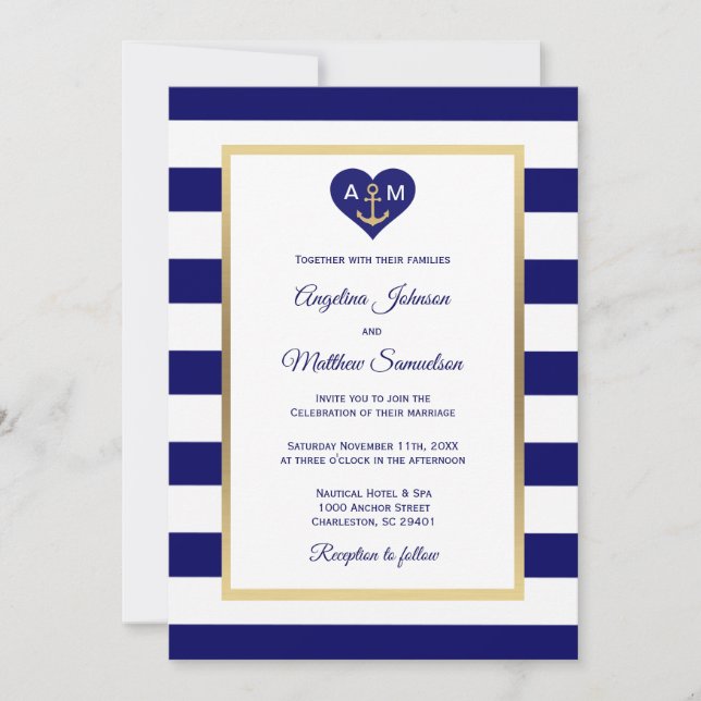 Invitation Elégant Marine Blue Gold Heart Mariage nautique (Devant)