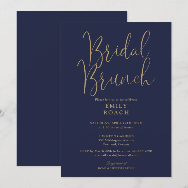Invitation Elégant Marine Blue Gold Script Bridal Bunch Douch (Devant / Derrière)