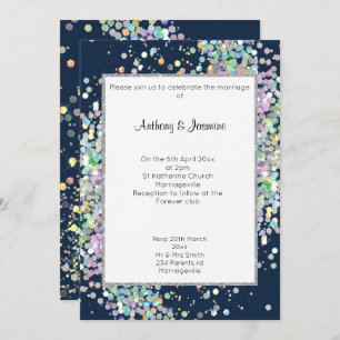INVITATION ELÉGANT MARINE BLUE HOLOGRAPHIQUE MARIAGE PASTEL