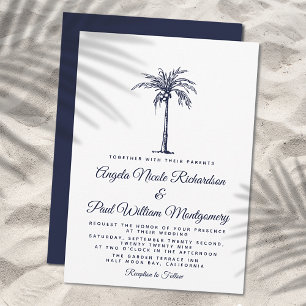 Invitation Elégant Marine Blue Palm Tree Plage Formelle Maria