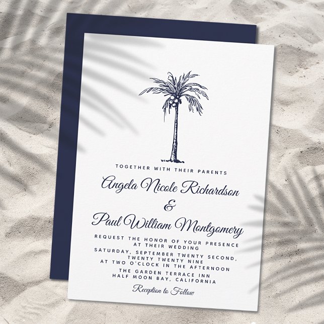 Invitation Elégant Marine Blue Palm Tree Plage Formelle Maria (Créateur téléchargé)