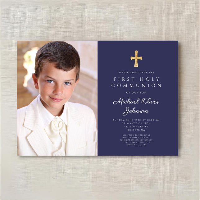 Invitation Elégant Marine Blue Photo Boy First Communion (Elegant Navy Blue Photo Boy First Communion Invitation)