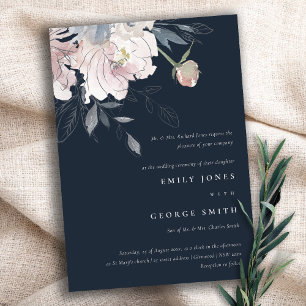 Invitation Elégant marine Blush Aquarelle Floral Mariage