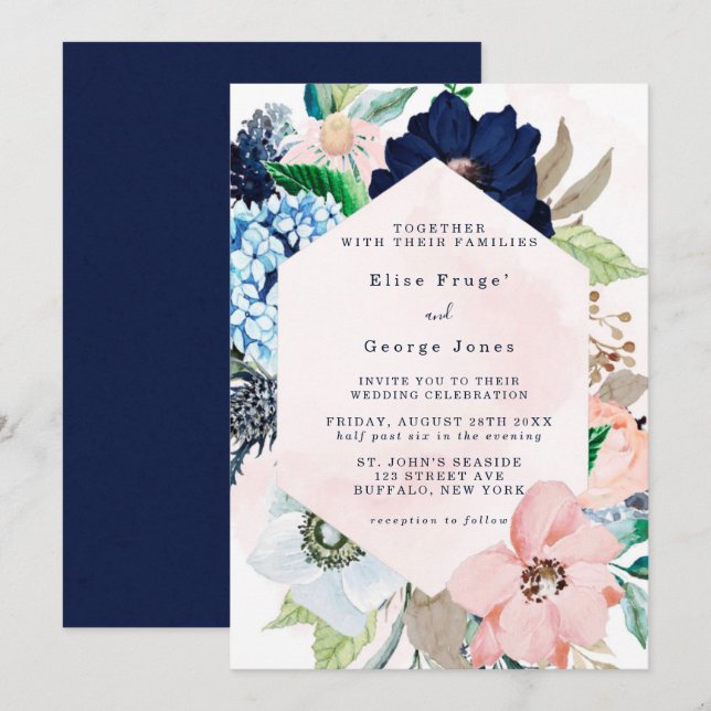 Invitation Elégant Marine Blush Pink Chic Floral Mariage (Devant / Derrière)
