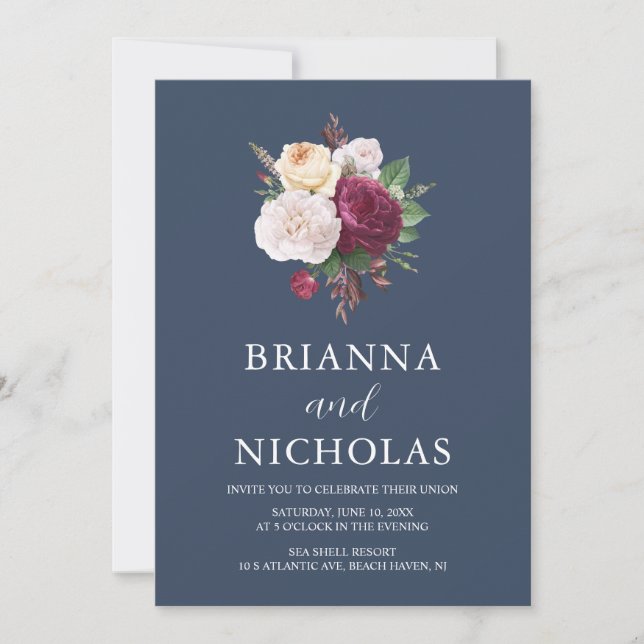 Invitation Élégant Marine Bourgogne Floral tout en un Mariage (Devant)