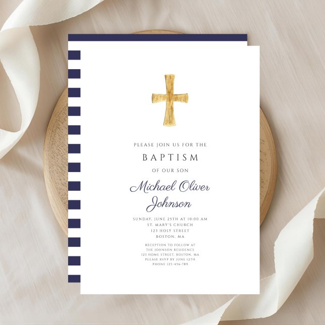 Invitation Elégant Marine Croix Bleue Religieux Garçon Baptêm (Elegant Navy Blue Cross Religious Boy Baptism Invitation)