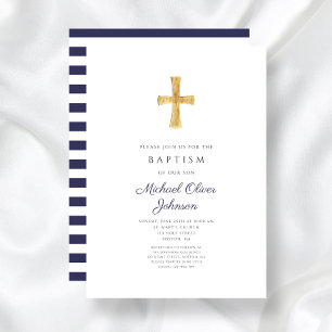 Invitation Elégant Marine Croix Bleue Religieux Garçon Baptêm