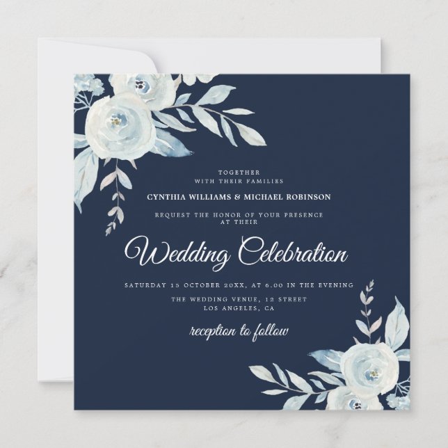 Invitation élégant marine et mariage floral bleu poussiéreux (Devant)