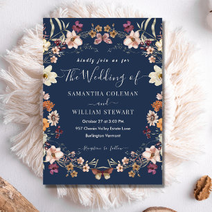 Invitation Elégant Marine Fleur sauvage Boho bleu Mariage mod
