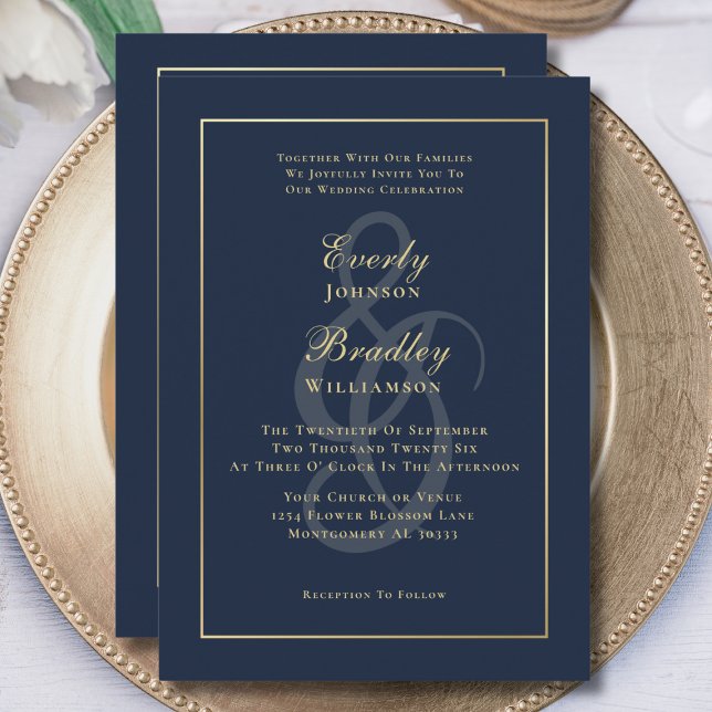 Invitation Elegant Marine Gold Minimal Photo QR Code Mariage (Créateur téléchargé)