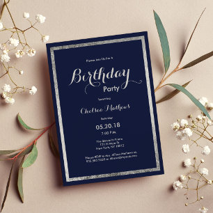 Invitation Elégant marine moderne bleu faux argent Anniversai