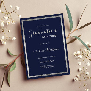 Invitation Elégant marine moderne bleu faux argent Graduation