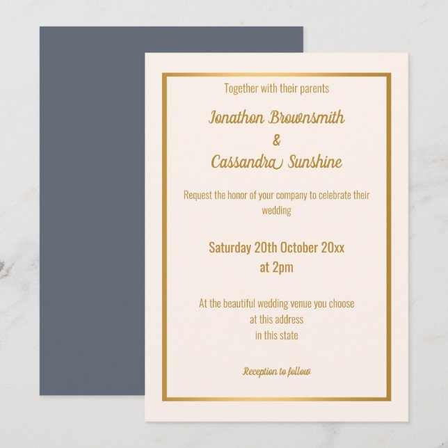 INVITATION ÉLÉGANT MARINE OR MARINE BLANCHE MARIAGE INVERSE (Devant / Derrière)