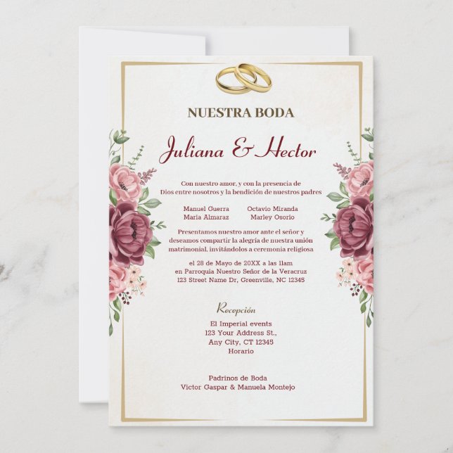 Invitation Élégant Maroon et Mariage Floral Or (Devant)