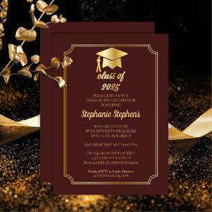 Invitation Elégant Maroon Gold Casquette College Graduation