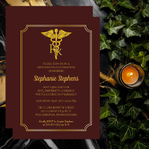 Invitation Elégant Maroon Gold Rx Pharmacy Graduation Party