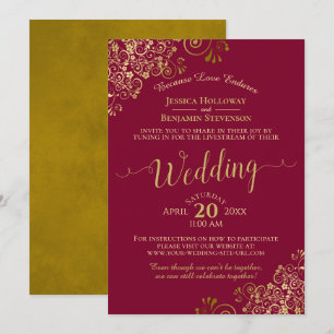 Invitation Elégant Maroon & Gold Virtual Mariage Livestream