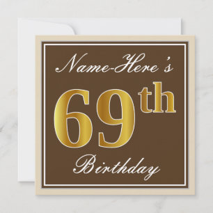 Invitation Élégant, Marron, Doré Faux 69e Anniversaire + Nom