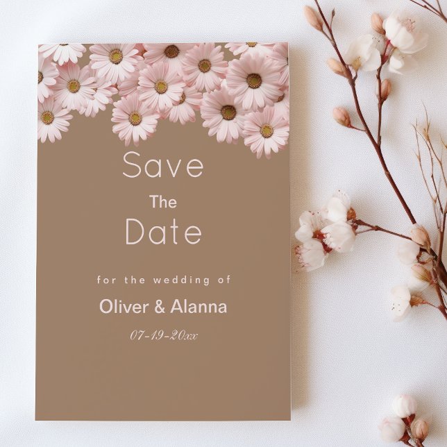 Invitation Elégant marron rose marron marron marron floral En (Elegant pink brown daisies floral Save The Date)