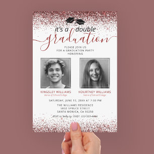 Invitation Elégant Marsala Red Joint Graduation Photo