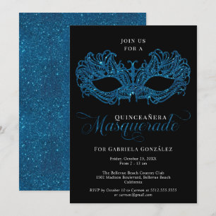 Invitation Elégant Mascarade Bleue Mascaré Quinceanera