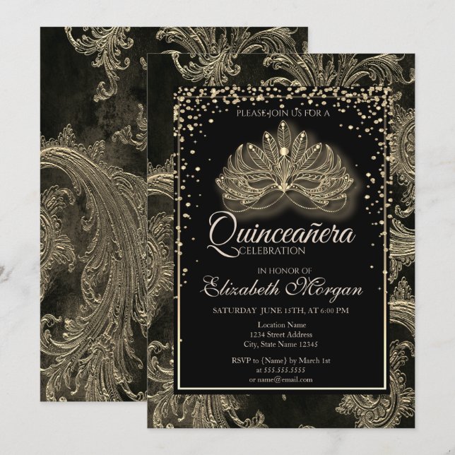 Invitation Elégant Masque Moderne Floral Damask Quinceanera (Devant / Derrière)