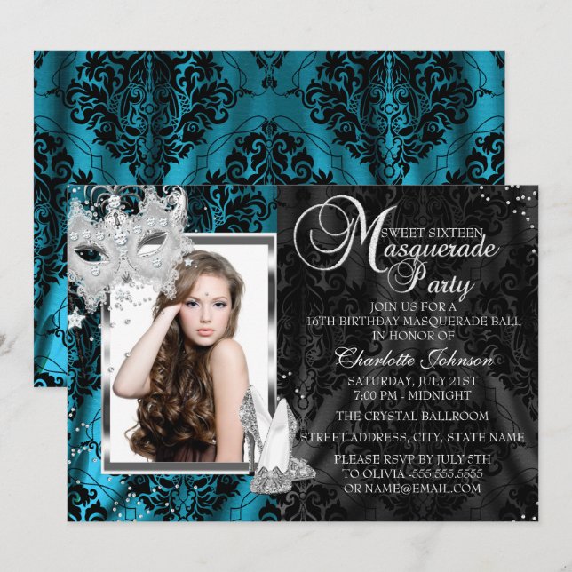 Invitation Elégant Masque talons Turquoise Masquerade Photo S (Devant / Derrière)