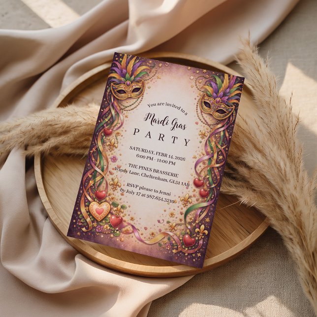 Invitation Elegant Masquerade Hearts Mardi Gras (Créateur téléchargé)