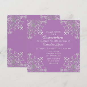 Invitation Élégant mauve argenté Ornate Floral Quinceañera