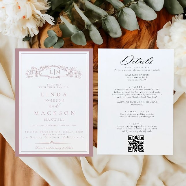 Invitation Élégant Mauve & Cimier en terre cuite Mariage Mono (Créateur téléchargé)