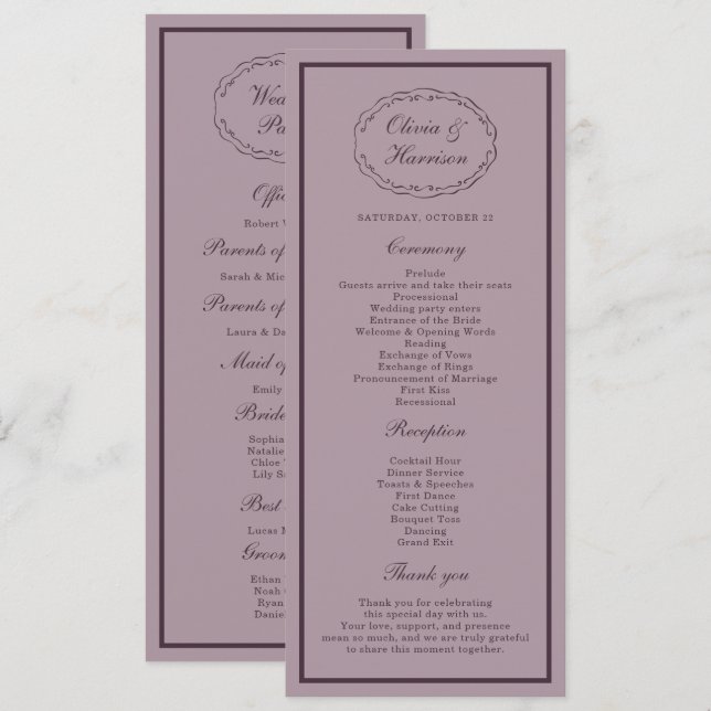 Invitation Elegant Mauve Plum Wedding Program Card (Devant / Derrière)