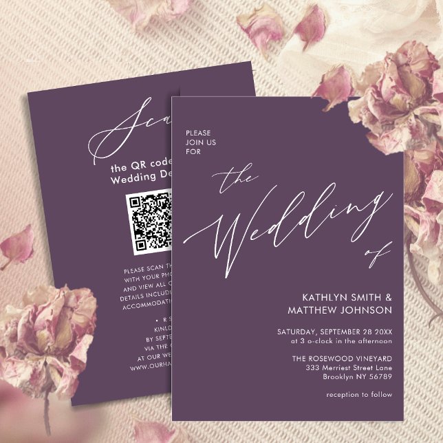 Invitation Elégant Mauve QR Code Tout en un Mariage moderne (Créateur téléchargé)