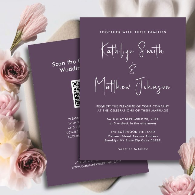 Invitation Elégant Mauve QR Code Tout en un Mariage moderne (Créateur téléchargé)