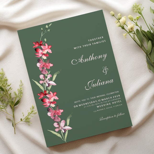 Invitation Élégant mauve vert orchidée rose Mariage (Elegant mauve green pink orchid flowers Wedding )