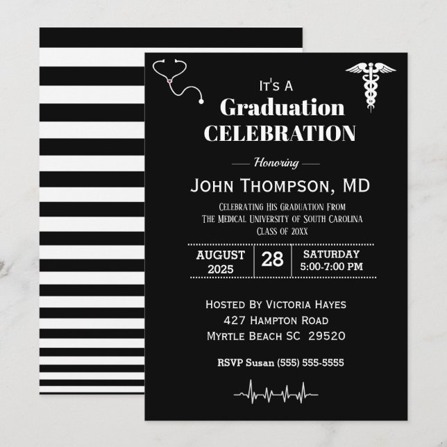 Invitation Élégant Médicale Graduation Party noir et blanc (Devant / Derrière)