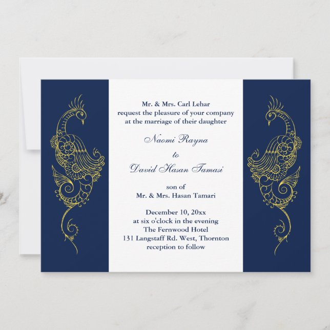 Invitation Elégant Mehndi Peacock Mariage Inviter Marine & Bl (Devant)