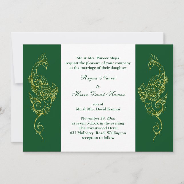 Invitation Elégant Mehndi Peacock Mariage Inviter Vert Blanc (Devant)