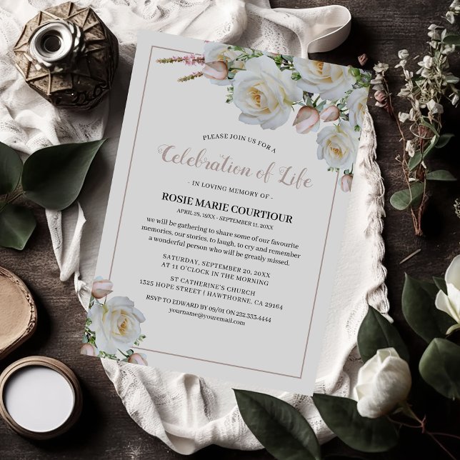Invitation Élégant Mémorial de la Rose blanche | Célébration  (Créateur téléchargé)