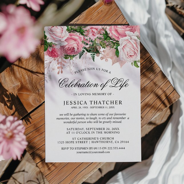 Invitation Élégant Mémorial Rose Floral | Célébration de la v (Créateur téléchargé)