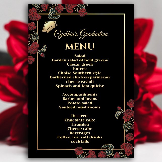 Invitation Élégant menu Red and Gold Graduation (Elegant Red and Gold Graduation Menu Invitation #dinnerparty #graduationmenu #zazzlemade #redfloral)