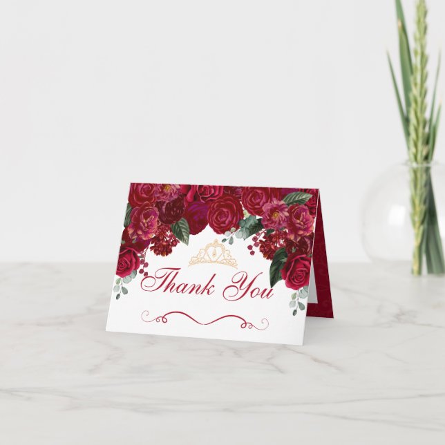 Invitation Élégant Merci de Quinceanera Floral Rouge (Devant)