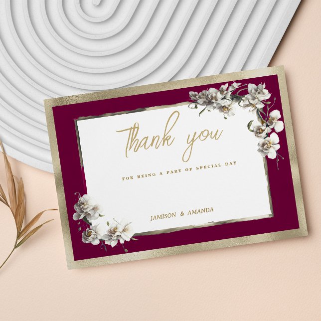 Invitation Elégant Merci d'orchidée blanche en or bordeaux (Elegant burgundy gold white orchid Thank You )