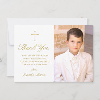 Invitation Elégant Merci photo de première communion en or bl