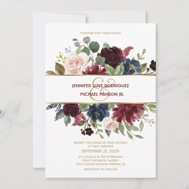 Invitation Elégant Merlot d'or Marine Floral Bouquet Mariage (Devant)