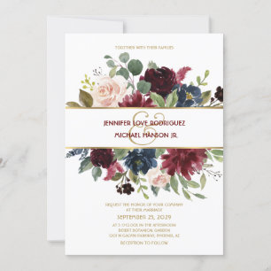 Invitation Elégant Merlot d'or Marine Floral Bouquet Mariage