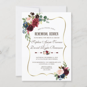 Invitation Elégant Merlot Navy Blue Floral Rehearsal Dîner