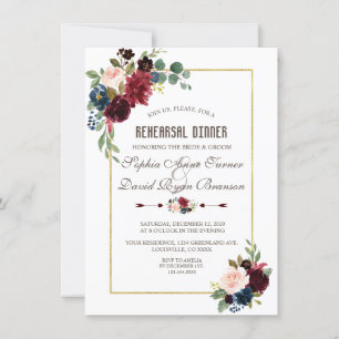 Invitation Elégant Merlot Navy Blue Floral Rehearsal Dîner